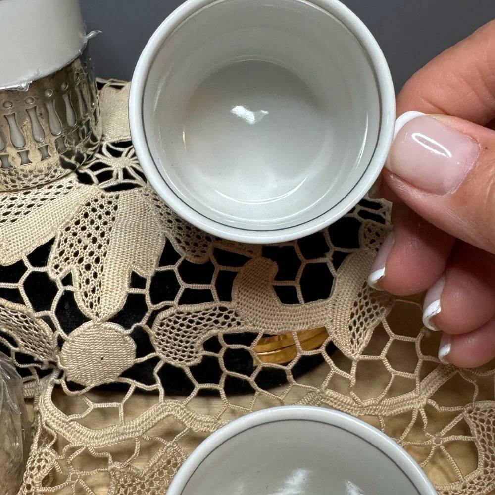 NIB Vera Cruz porcelain espresso cups w/silver trim & silver plate holders